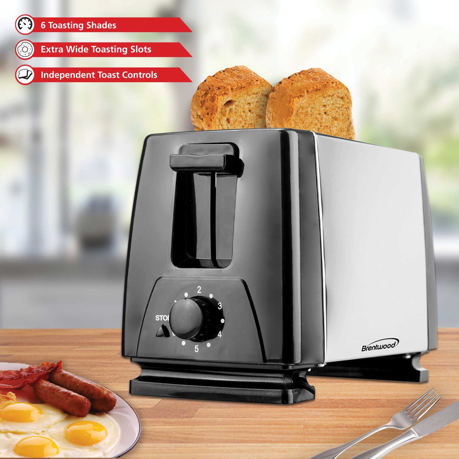 Brentwood 2-Slice Toaster, Black/Silver, Extra-Wide Slots