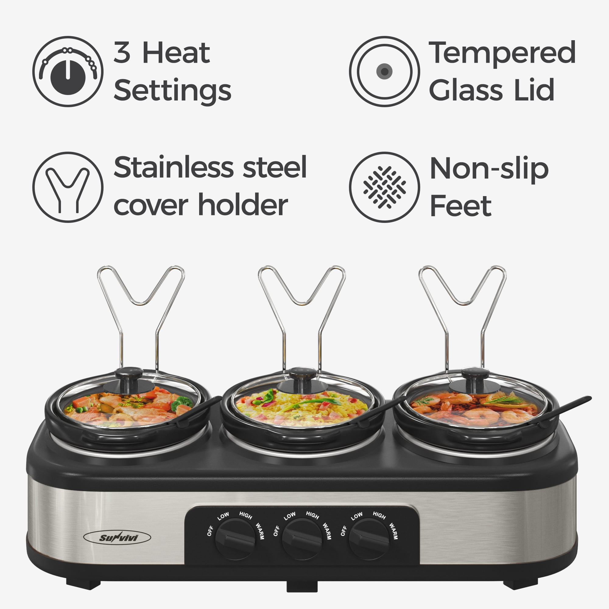 Triple Slow Cooker, 3×1.5 QT Buffet Servers and Warmers, 3 Pots Buffet Slow  Cooker Adjustable Temp Lid Rests Stainless Steel Manual Silver for Parties