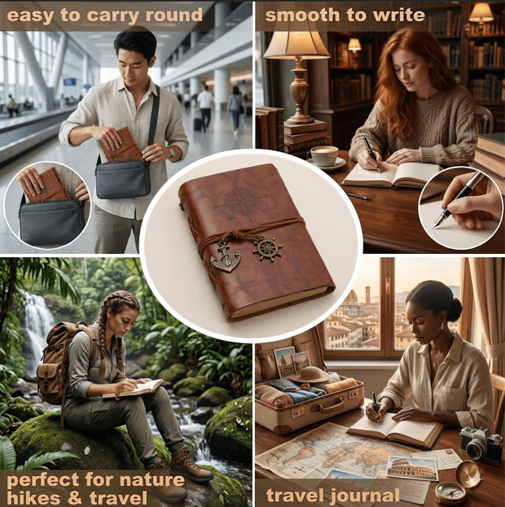 10-Pack A6 Vintage Nautical Travel Journals, Refillable Faux Leather Writing Notebooks with 6-Ring Binder, 80 Sheets 80GSM Blank Kraft Paper, Retro Explorer Charms