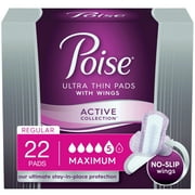 Poise Ultra Thin Active Women's Maximum - Long Postpartum Incontinence Pads with Wings, 22 Count