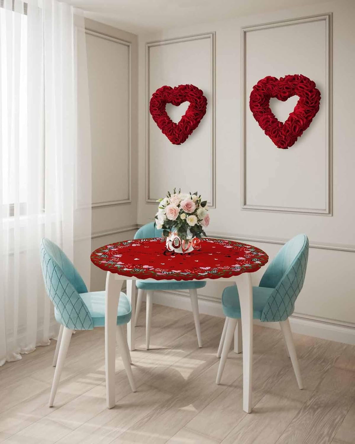 Valentine''s Day Round Fitted Tablecloth Elastic Edged Table Cover,Love Heart on Red Waterproof Wipeable Table Cloths for Kitchen Dining Party Fit up 45-52in Tables,Romantic Hearts Leaves