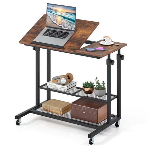 Mobile Standing Desk, Adjustable Rolling Computer Desk w/Tilting Desktop & Storage Shelves, PC Laptop Table, Small Compact Desk on Wheels for Small Space, Living Room & Bedroom (Rustic Brown)