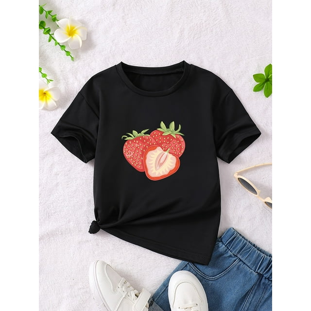 Camiseta informal de verano con estampado de fresas para niña, transpirable, de poliéster suave, manga corta, cuello redondo, corte holgado, talla S