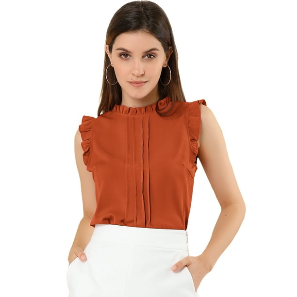 Blusas Elegante Sin Mangas Vintage De La Decada De 1950 Con Volantes Para Oficina De Negocios Para Mujer Naranja oscuro S Allegra K Blusa Bodega Aurrera en linea