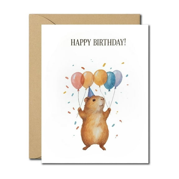 Cute Hamster Birthday Card – Watercolor Guinea Pig with Balloons – Blank Inside, Envelope Included – Sweet Animal Greeting Card for Kids, Friends, Family, Animal Lovers