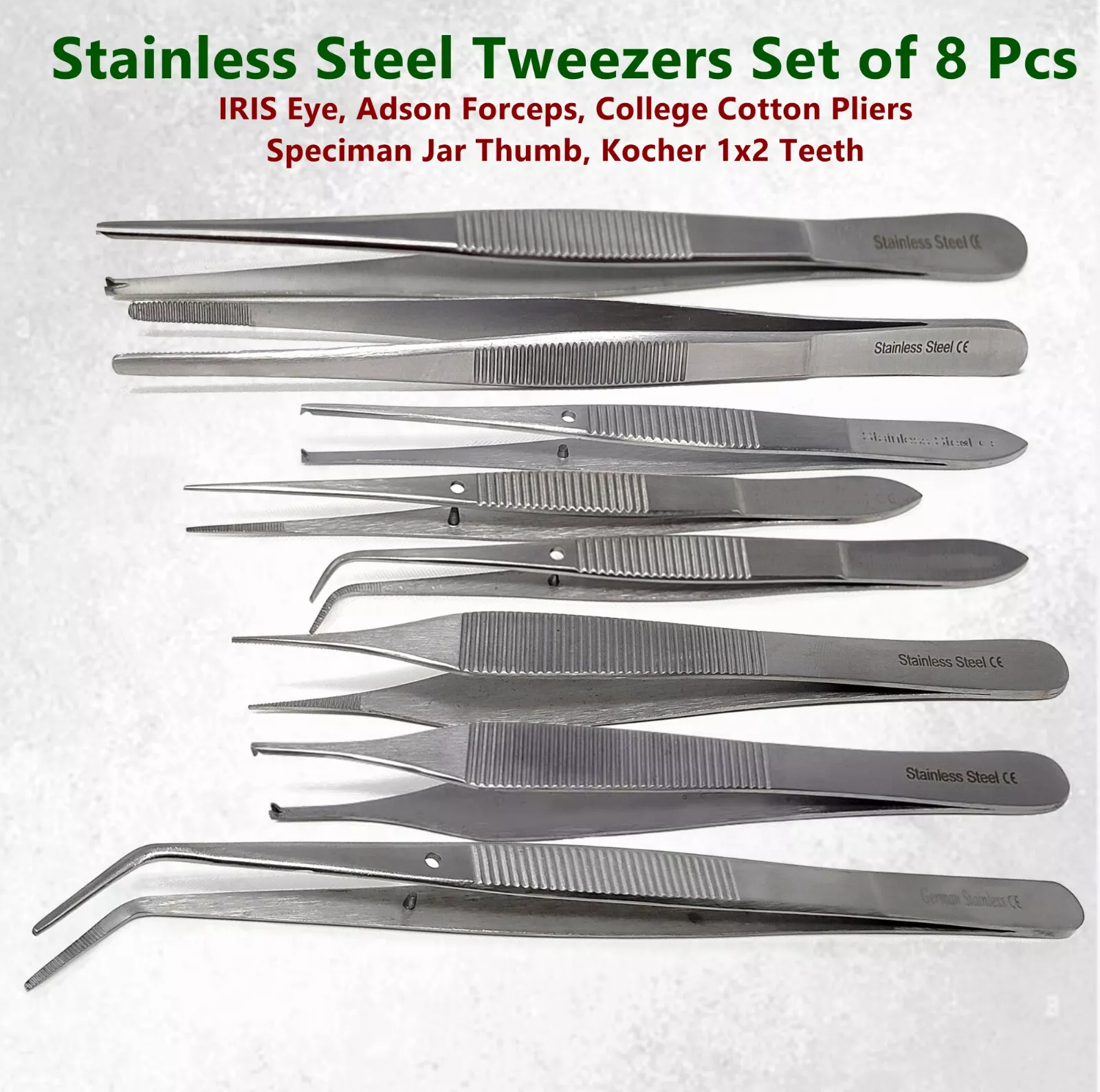 Precision Stainless Steel 8 Pcs Lab Tweezers Lab Multipurpose Assorted Tweezers - Straight & Curved Tips For Science Students
