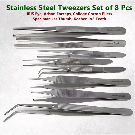 Lab Tweezers with Straight & Curved Tips Made of Stainless Steel Essential Lab Kit - 8 Pcs Lab Forceps