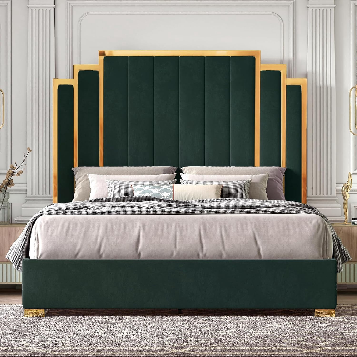Merluxy King Size Bed Frame and 61" Headboard, Upholstered Bed with Golden Plating Trim, Modern Platform Bed No Box Spring Needed, Green