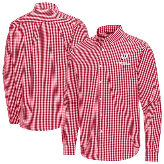 Men's Antigua Red Wisconsin Badgers Ellis Woven Tri-Blend Long Sleeve Button-Down Shirt