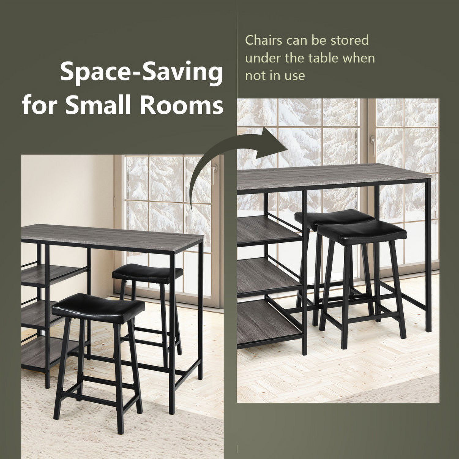 Finihen Dining Set, Dining Table Set, 3 Pieces Counter Height Dining Bar Table Set with 2 Stools and 3 Storage Shelves, for Home, Restaurant, Black Finihen Dining Set, Dining Table Set, 3 Pieces Counter Height Dining Bar Table Set with 2 Stools and 3 Storage Shelves, for Home, Restaurant, Black