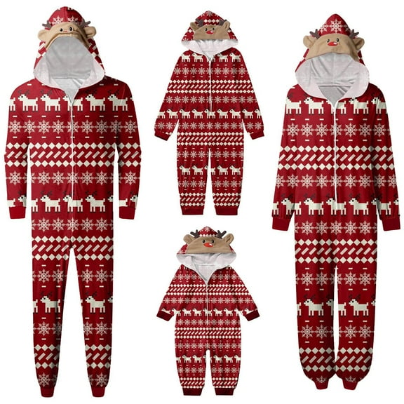 Tfken Christmas Pajamas For Family Hooded Fashion Long Sleeve Onesie Red Women Holiday Nightwear Jammies