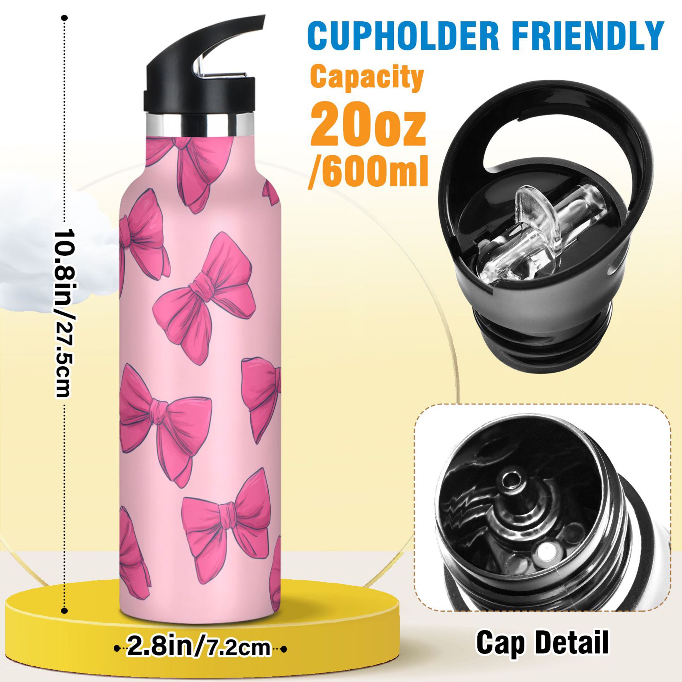 600ML Stainless Steel Insulated Cup Sports Water Bottle Portable Thermos Cup Water Glasses Insulated Tumblers Convenient and Durable Pink Butterfly Cute