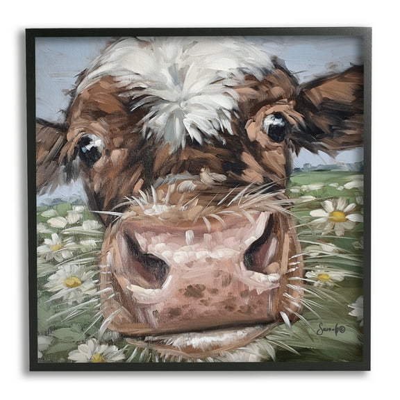 Stupell Close Up Cow Daisy Meadow Painting Animals & Insects Painting Black Framed Art Print Wall Art