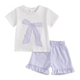 thumbnail image 3 of YWIYIUD Girls 2 Piece Outfits Toddler Baby Girl Summer Outfit Bow Embroidery Short Sleeve T-Shirt Plaid Ruffle Shorts Set InfantSummer Clothes Outfits Girl Summer Clothing Purple 2-3Y, 3 of 7