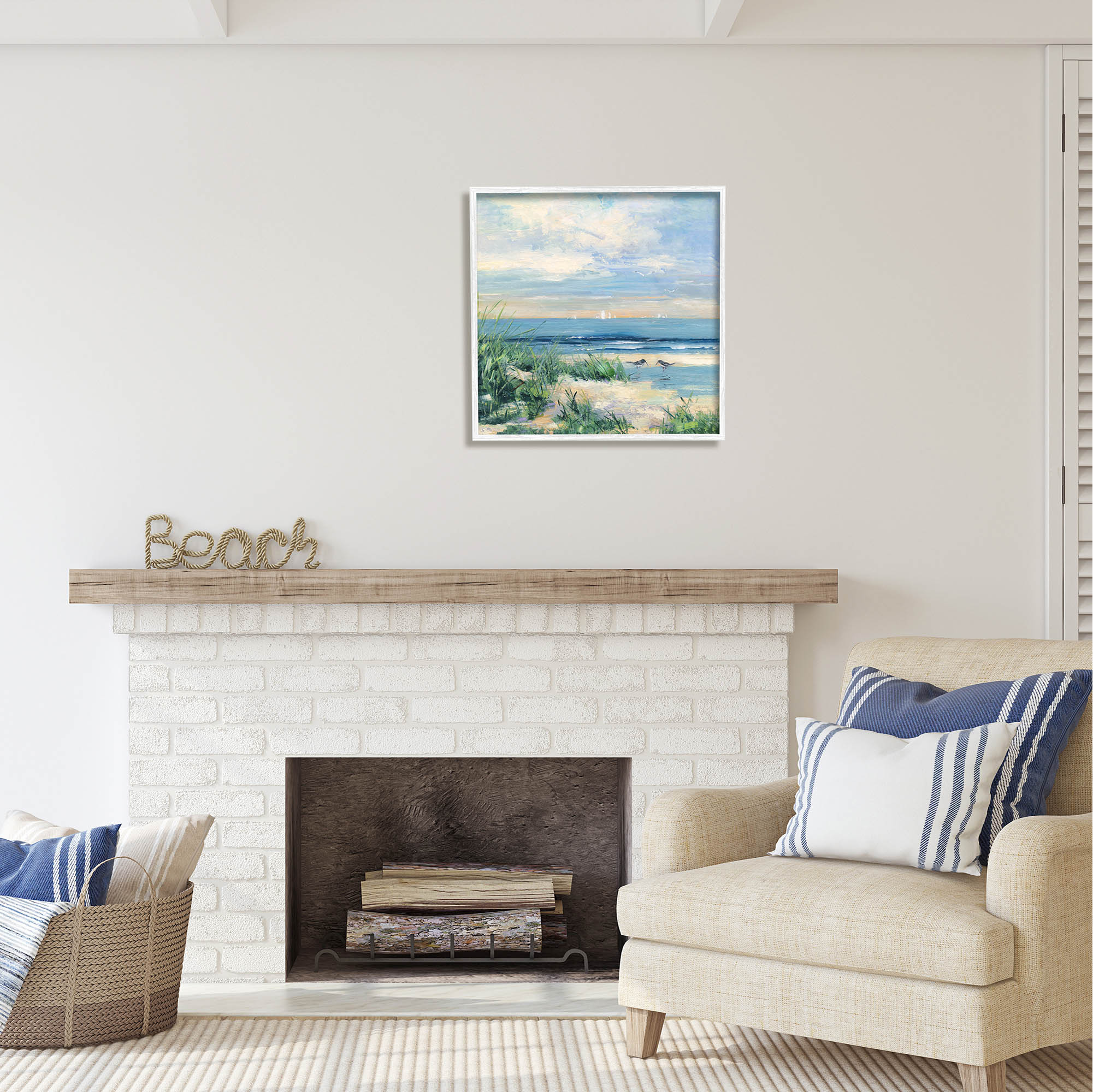 Stupell Industries Nautical Beach Reeds Birds Grazing Shoreline Coastal Painting White Framed Art Print Wall Art