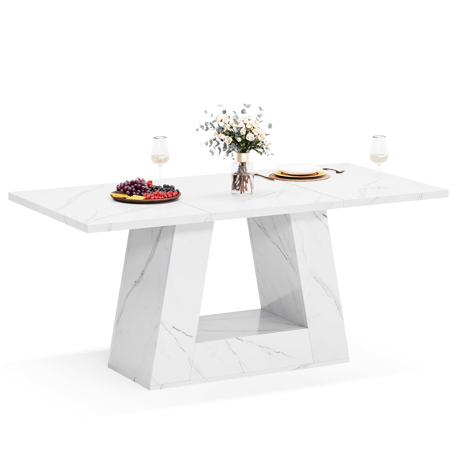 Fnova 63" Modern Long Dining Table for 6 people, Rectangular Geometric Artificial Marble Kitchen Table for Dining Room, White