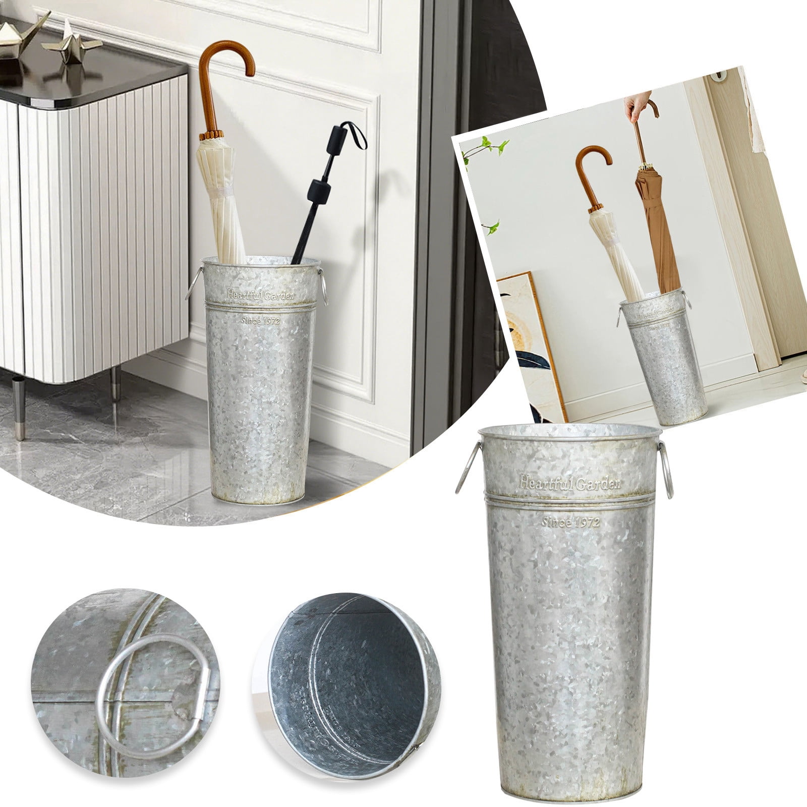 Metal Umbrella Stand Rack - Galvanized Holder for Canes and Walking Sticks Farmhouse Bucket Design with Handles