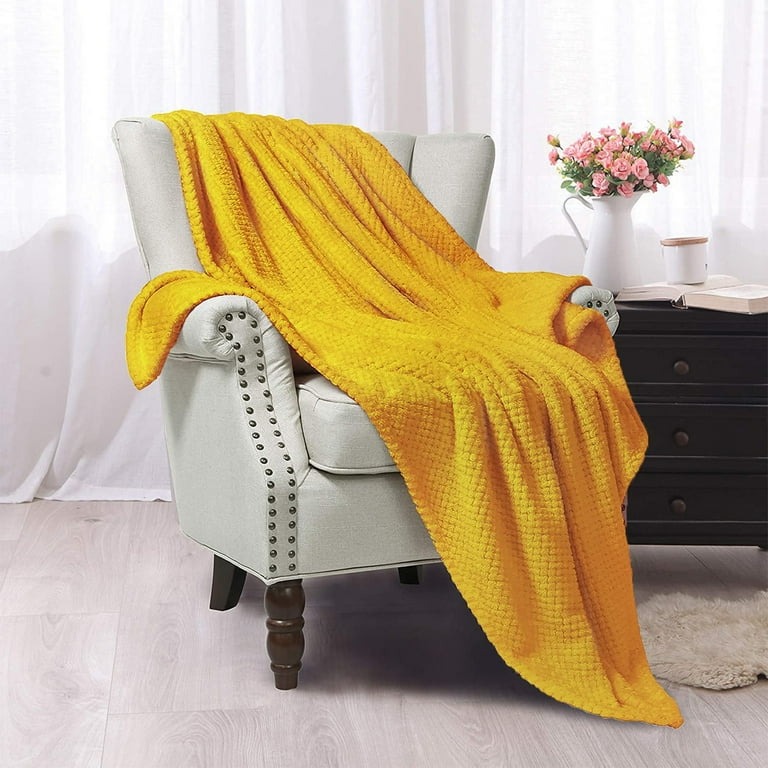 Exclusivo Mezcla Waffle Textured Extra Large Fleece Blanket Super Soft and Warm Throw Blanket for Couch Sofa and Bed Mustard Yellow 50x70