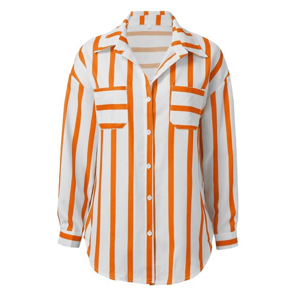ZHUASHUM womens shirts Fashion Mid Length Vertical Striped Multi Color Shirt Coat Casual Loose Top,L Orange