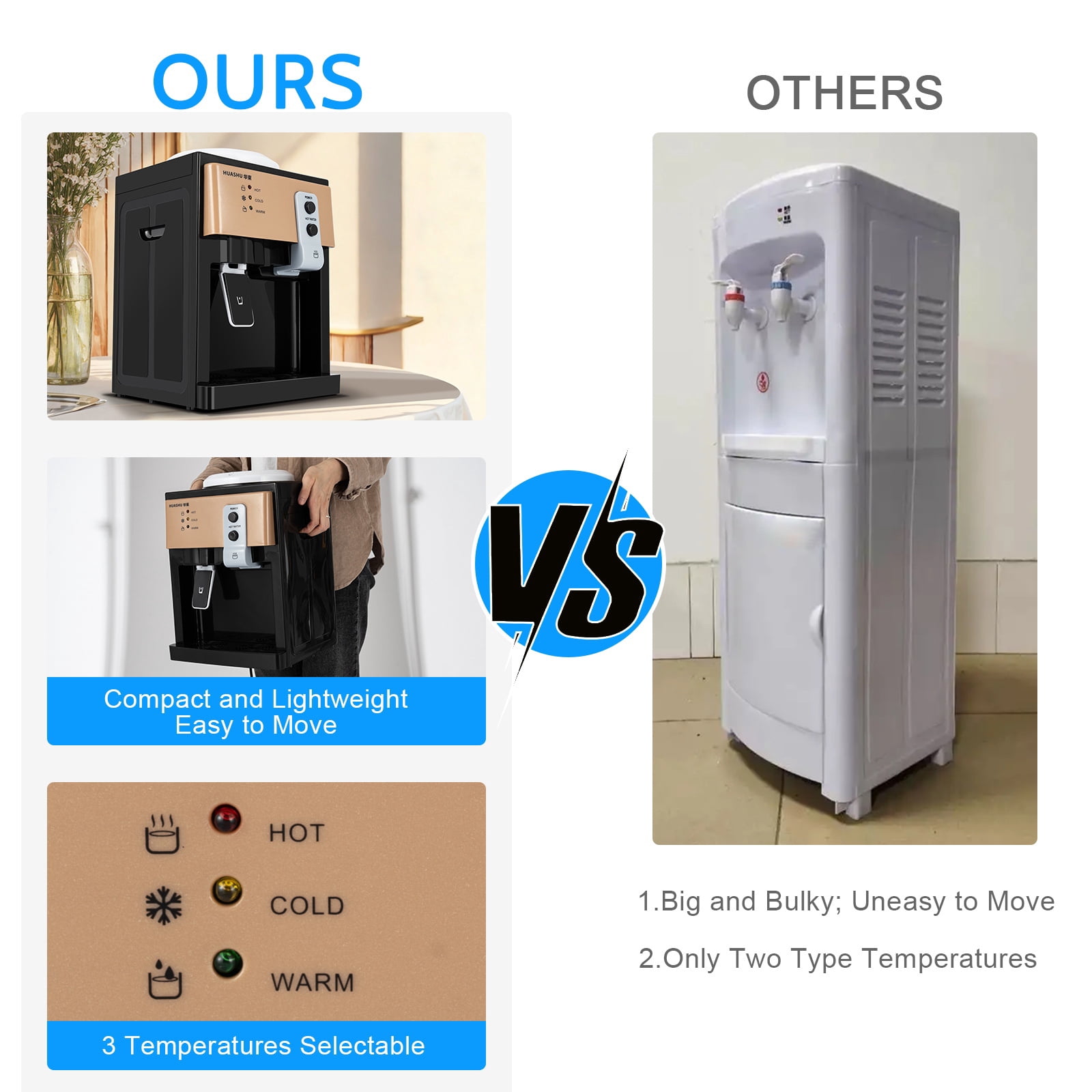 575W Top Loading Countertop Water Dispenser Ot Cold Water Cooler Drinking Machine304 Stainless Steel PP
