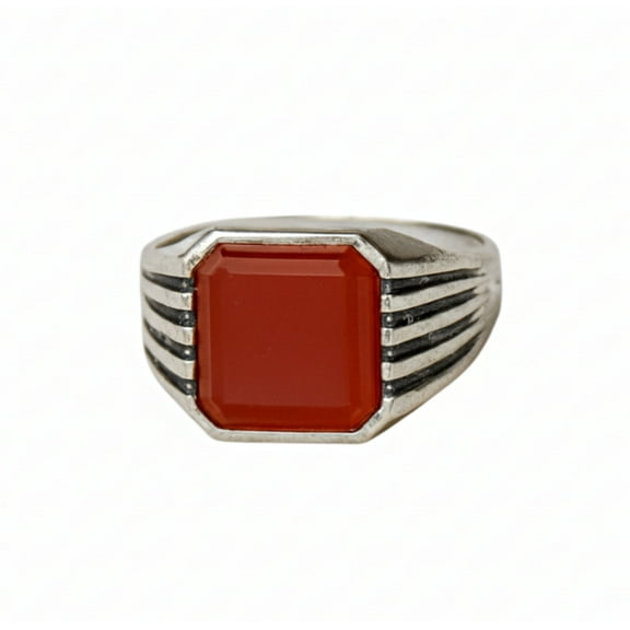 Carnelian Signet Ring, 925 Solid Sterling Silver, Emerald Cut Gemstone Ring, Men Women Ring, Gift for Him