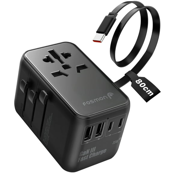 Fosmon 35W Universal Travel Adapter International Power Adapter, Worldwide Charger with USB-C Cable, European Travel Adapter Plug for US UK AU & More