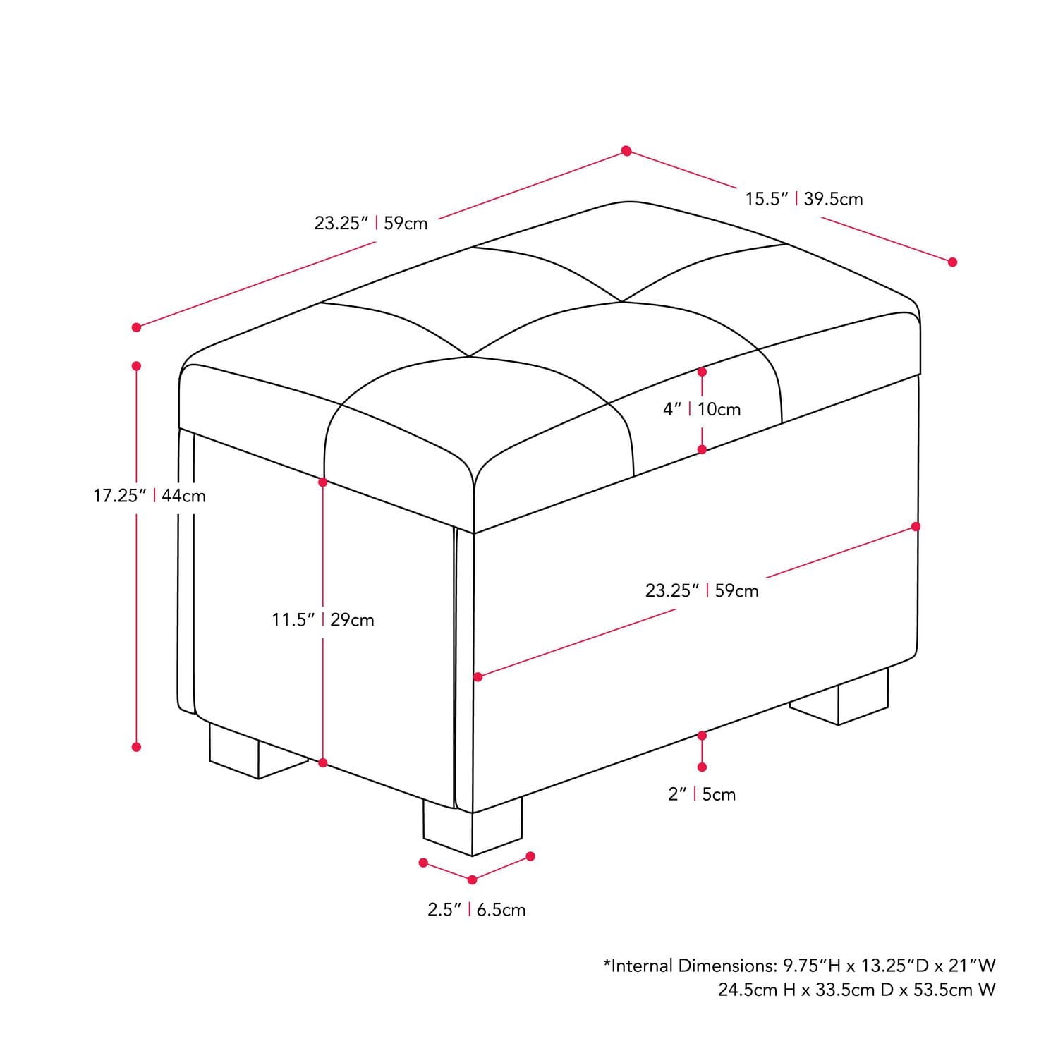 Petit pouf d'intérieur rectangulaire capitonné en similicuir avec rangement CorLiving Asha