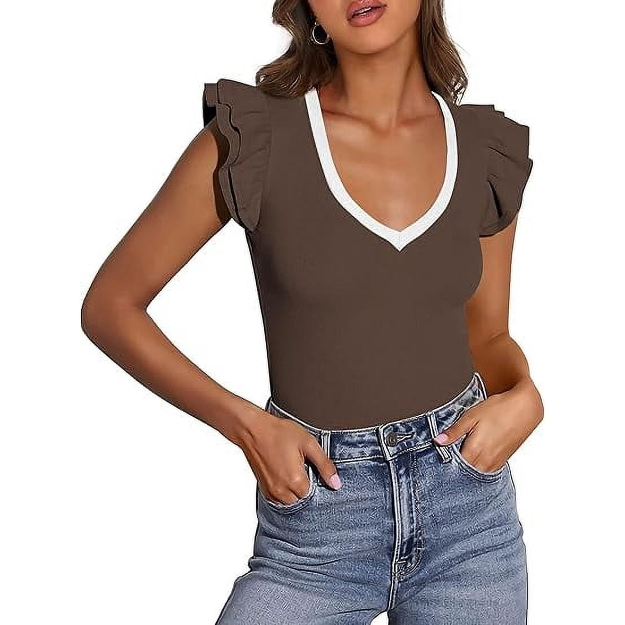 PRETTYGARDEN Womens V Neck Summer Tops Ruffle Sleeveless Slim Fit T Shirts Going Out Casual Blouses