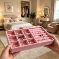 thumbnail image 6 of Stackable Velvet Jewelry Tray Organizer with Multiple Compartments for Rings Earrings Necklaces Bracelets Storage Drawer Divider Wood Base Jewelry Box for Vanity Dresser Organization, 6 of 6