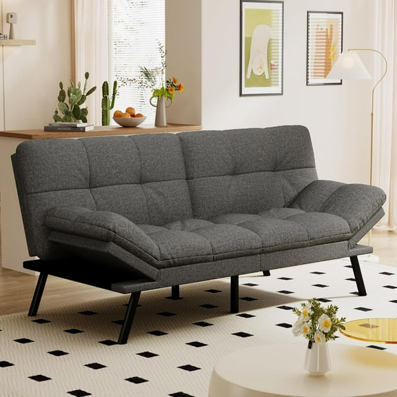 Convertible Futon Sofa Bed, 71" Memory Foam Futon Couch with Detachable,Adjustable Backrest,Linen Fabric Folding Small Loveseat Sleeper for for Living Room,RV,Office,Apartment,Light Grey