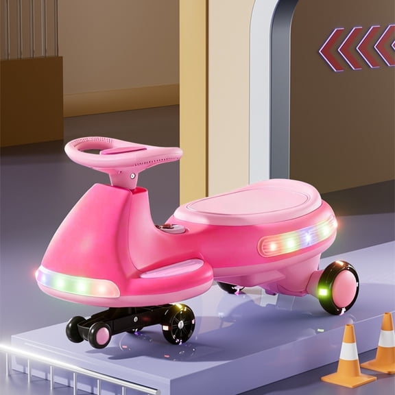 Electric Wiggle Car with Flashing Wheels, Rechargeable 2 in 1 Swing Car with Anti-Rollover, Music and Pedal, 2 Motor Ride On Car for Outdoor, Pink