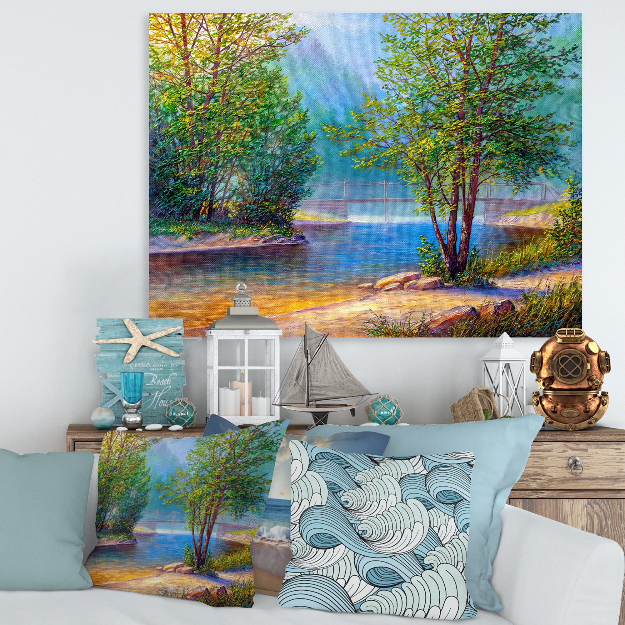 Designart ' Green Trees By The Bridge Over River ' Traditional Canvas Wall Art Print