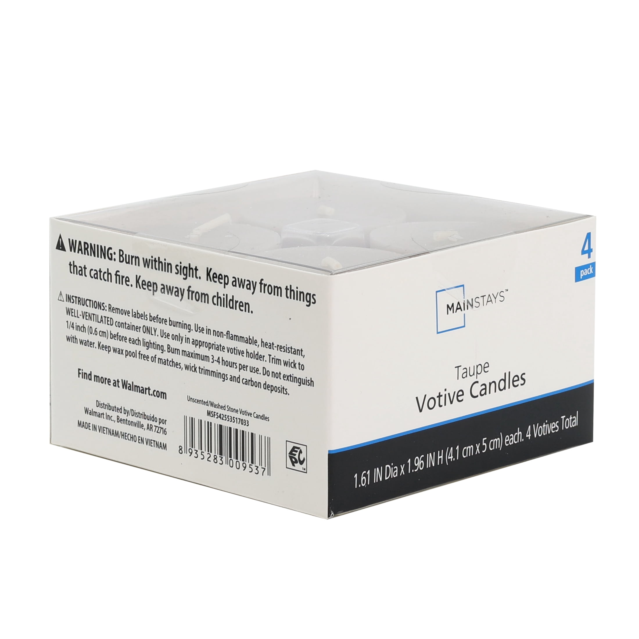 Mainstays Votive Candles, Unscented, Taupe, 4 Pack