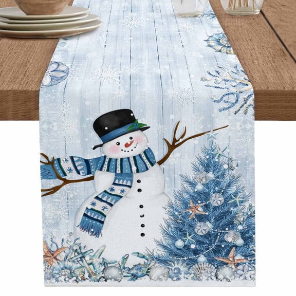 nqOlkjepod Coastal Christmas Table Runner 120 Inches Long Farmhouse Dress Scarves, Beach Coral Snowman Xmas Tree Blue Wood Dining Tablerunner for Coffee Table/Kitchen Island/Party Décor, 13" x 120"