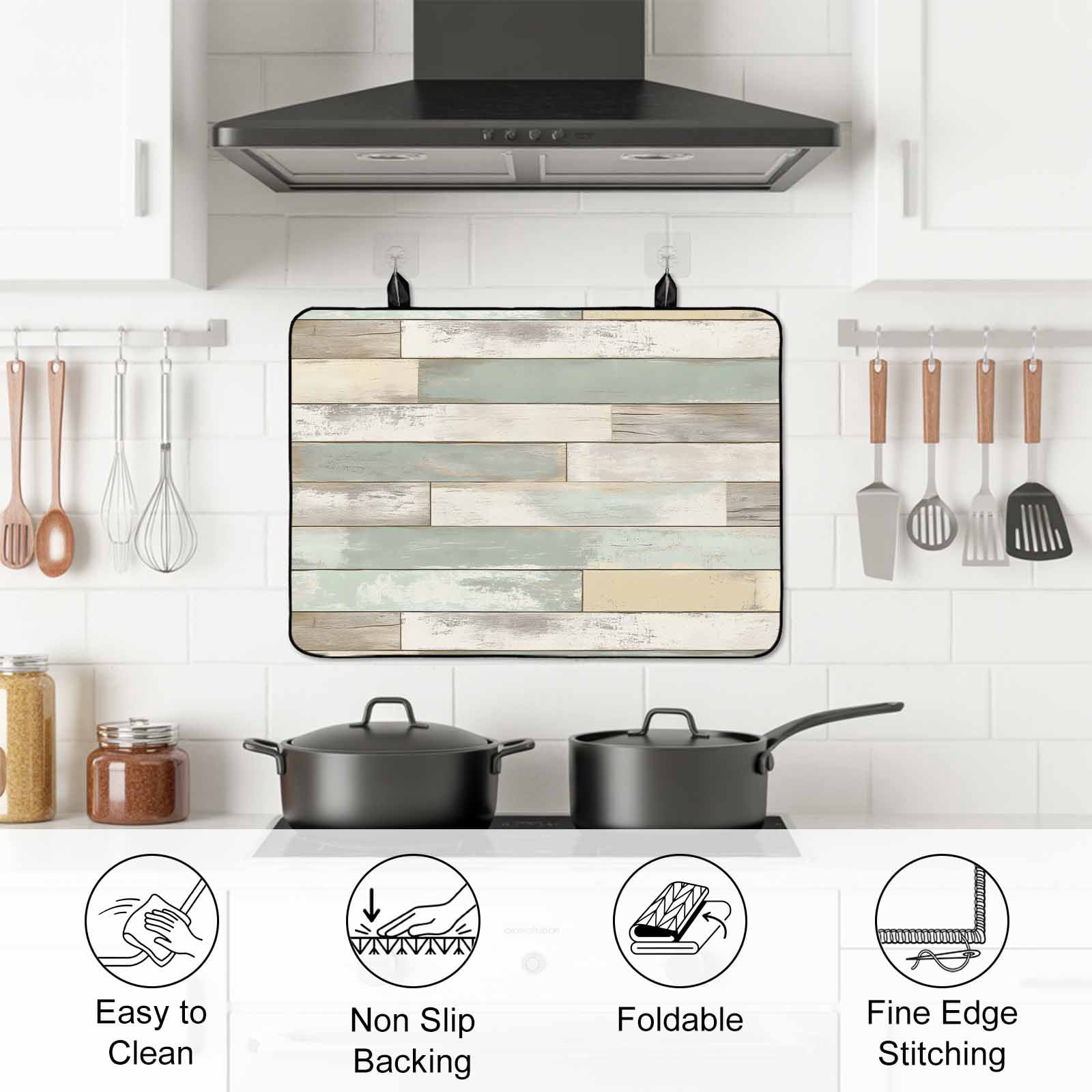 Beige Light Green Stove Top Cover for Electric Stove, Heat-proof & Non Slip Glass Top Stove Cover Protector, Farmhouse Wooden Striped Kitchen Flat Cooktop Rubber Mat 24x21 Inches