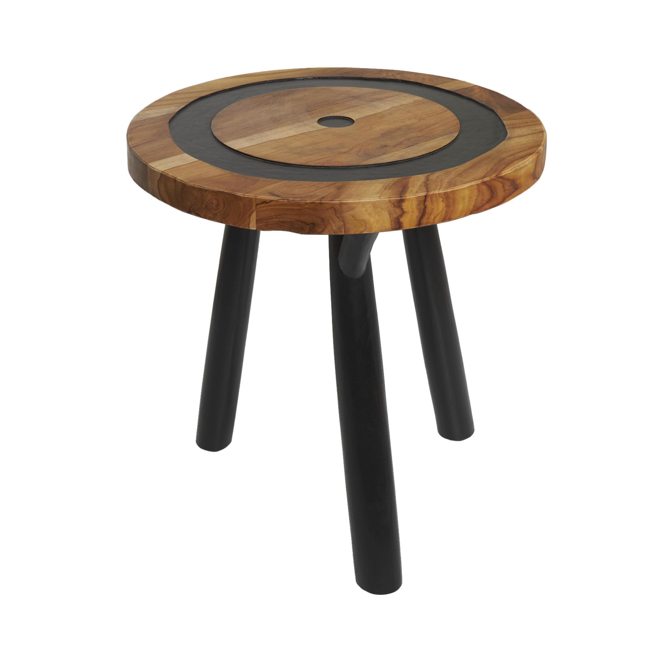 DecMode 20" x 22" Brown Teak Wood Layered Circle Geometric Accent Table with Black Legs, 1-Piece