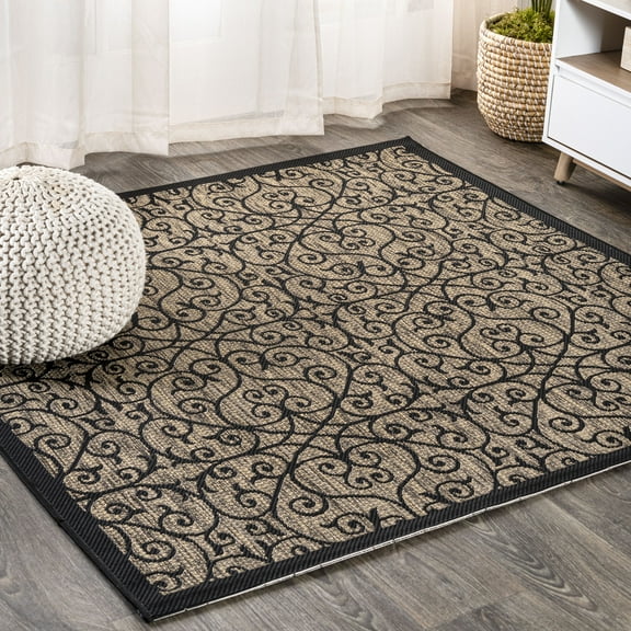 JONATHAN Y SANTA MONICA 5' Square Area Rug, Madrid Vintage Filigree Textured Weave - Black/Khaki, SMB107A-5SQ