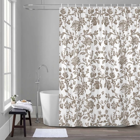 Vintage Brown Floral Shower Curtain for Bathroom Decor, Farmhouse Flower Waterproof Fabric Shower Curtain, 54"x78" Set with 12 Hooks