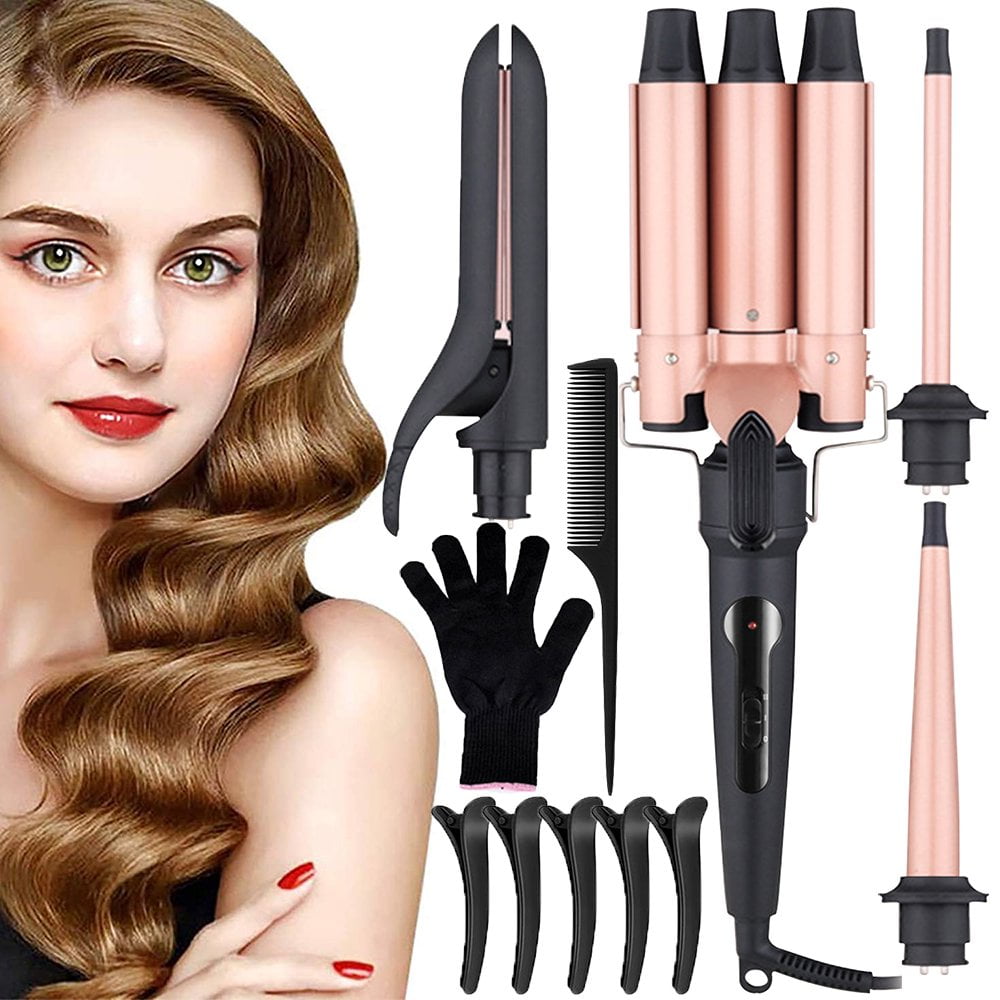 Hair Curler Wand, Dual Voltage Temperature Adjustable, 4 in 1 Hair Curling  Iron Ceramic Tourmaline Triple Barrels, Hair Waving Styling Tools, with  Heat Protective Glove & 5 Clips 