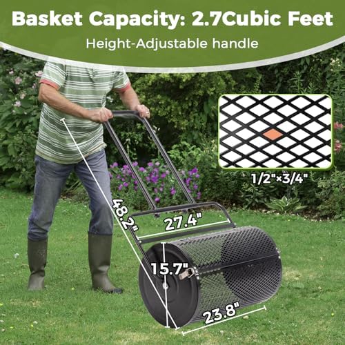 24 Inch Compost Lawn Spreader,Durable and Lightweight Fertilizer Spreaders,Garden Peat Moss Roller,Metal Mesh Roller Lawn Spreader,with Double Side Latches,for Lawn Garden Yard Care (Black)