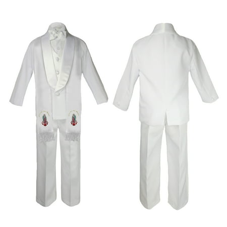 

New Born Baby Boy Teen Christening Communion Formal White Paisley Suit Silver or Gold Guadalupe Virgin Mary Maria On Stole SM-20