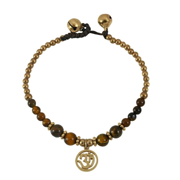 AeraVida Mystical Aum or Om Brown Tiger's Eye and Brass Beads Jingle Bell Bracelet for Female Anniversary