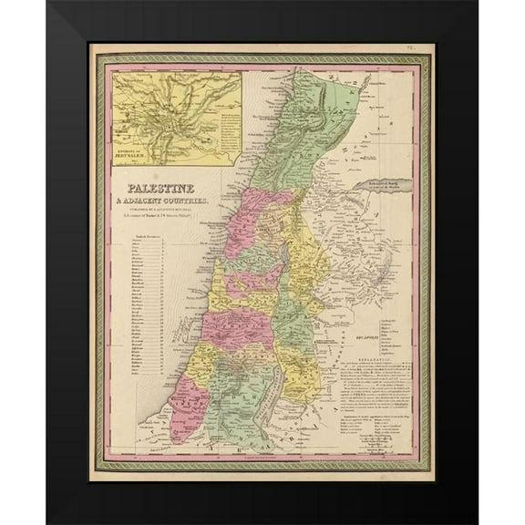 Vintage Maps 12x14 Black Modern Framed Museum Art Print Titled - Palestine and Adjacent Countries 1849