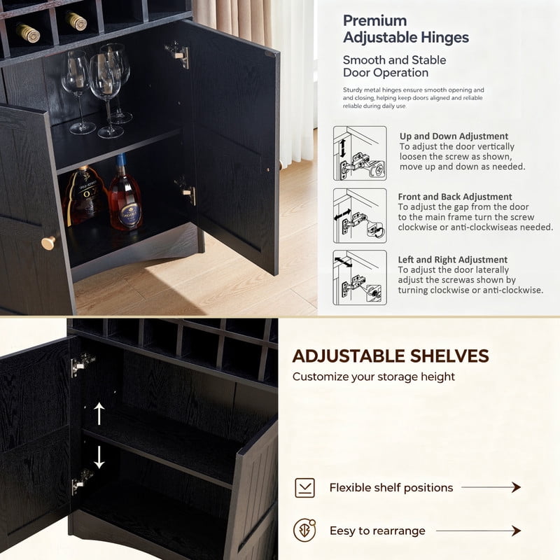 Arched Bar Wine Storage Liquor Cabinet with Removable Wine Grid, Freestanding Bookcase with Adjustable Shelves