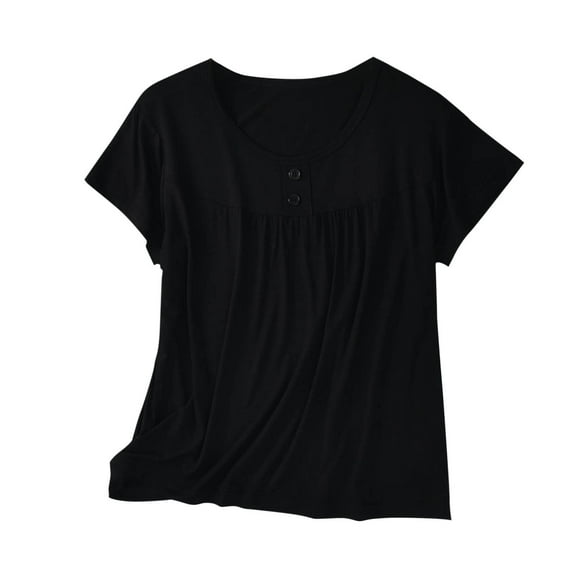 JUUYY Women's Loose Fit Casual Summer Short Sleeve Pleated T Shirt Modal Cotton Solid Crewneck Tees Tops for Women Black XXL
