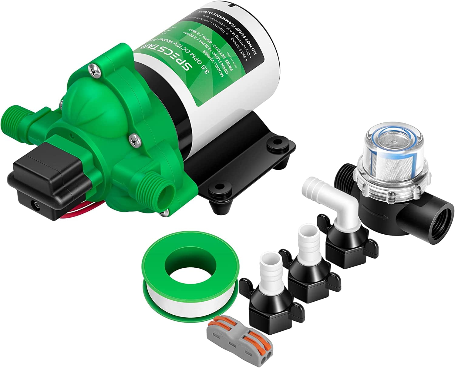 SPECSTAR RV Water Pump, 3.5GPM 50 PSI 12V DC Self Priming Diaphragm Pump  with 1/2 Hose Adapters for RV Marine Yacht 