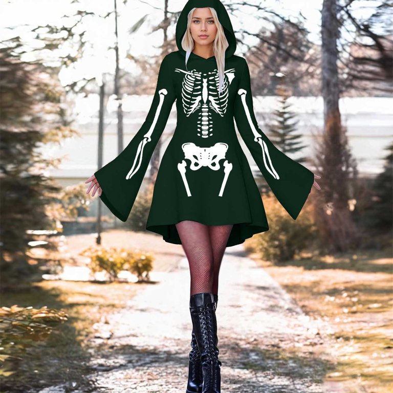 FEIFLY Women's Halloween Skeleton Print Hooded Dress O-Neck Long Sleeved  Long Dresses Holiday Clothing
