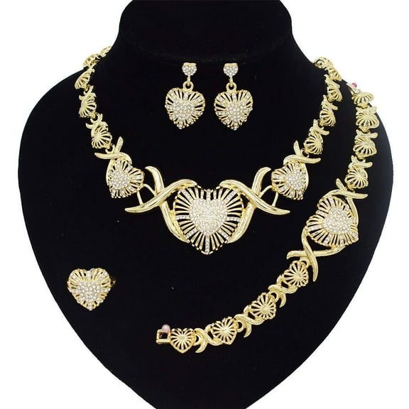 Women's Hugs & Kisses XOXO Shiny Heart Charm Jewelry Set - Necklace Set For Women 18kt Real Gold Plated Layered Includes Necklace Bracelet Earrings Ring Set