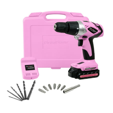 Pink Power PP181LI 18 Volt Lithium-Ion Electric Drill Driver Kit for Women- Tool Case, Cordless Drill, Drill Bit Set, Battery &