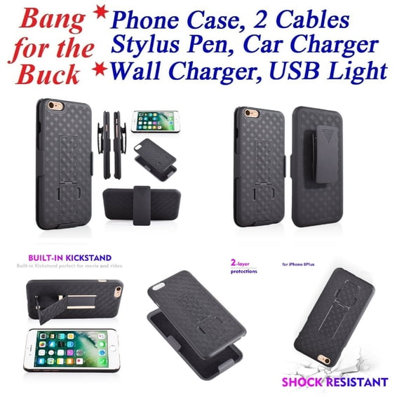 Value Pack for 5.5" Apple iPhone 6 Plus Built-in Kickstand 2-Layer Protections Hard Back Cover Shockproof Resistant Belt Clip Heavy Duty Impact Bumper Phone Case   [Black]